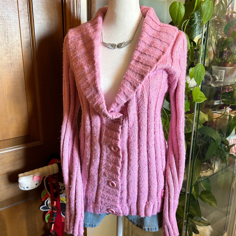 Y2K Women's Mudd Pink Babydoll Style Button-Up Sweater Sz XL